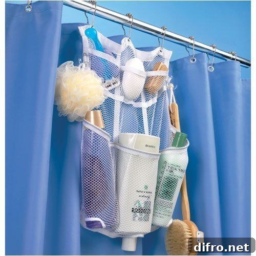 Mesh shower organizer on a shower curtain rail