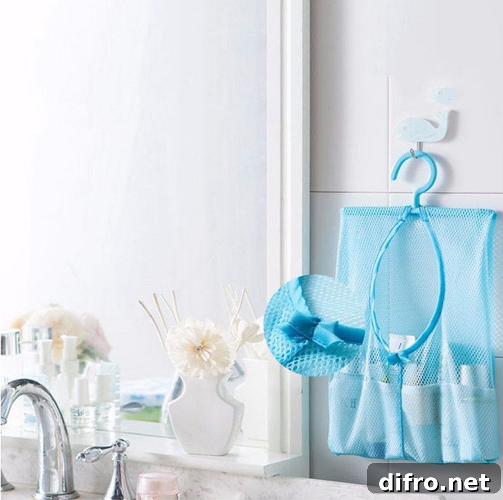 Mesh storage organizer hung close to the wall