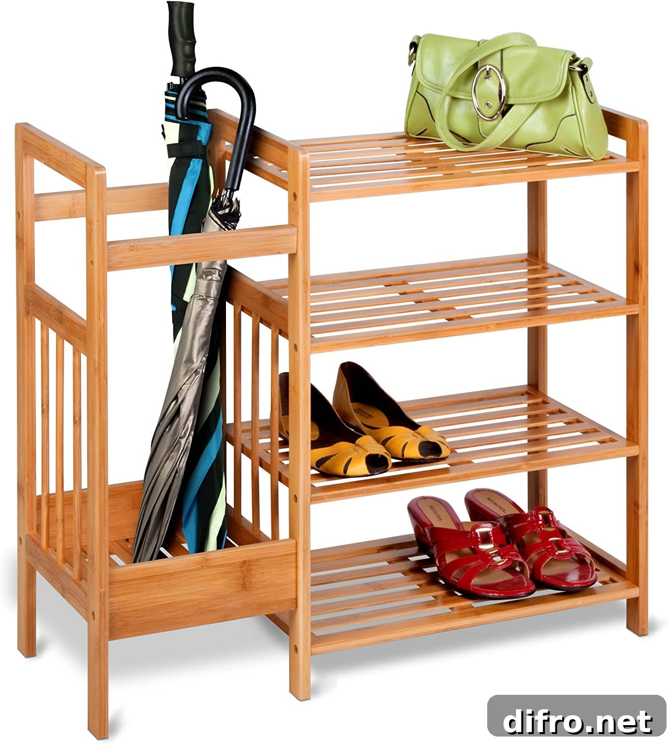 Bamboo organizer with shoes and umbrellas
