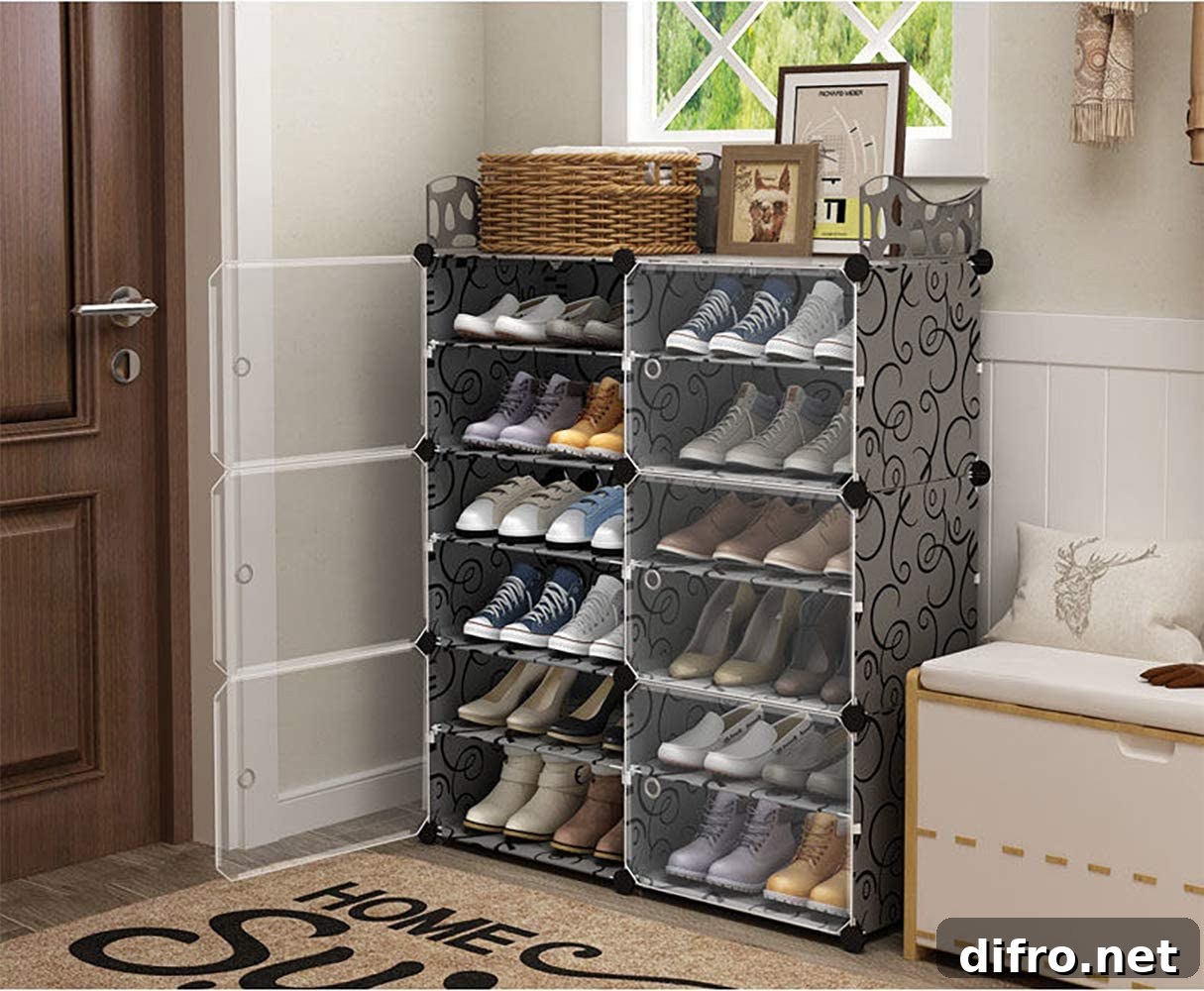 Shoe storage with transparent covers filled with shoes