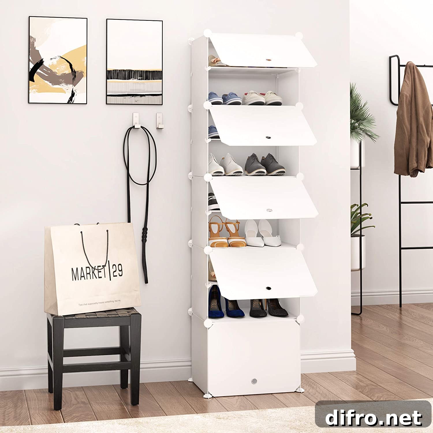 White shoe storage beside a bench