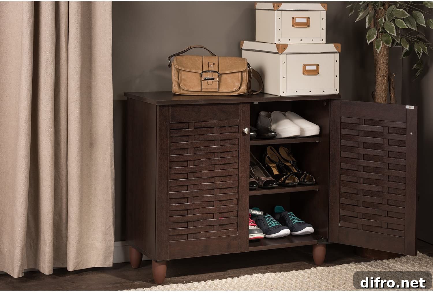 Shoes stored in a brown cabinet