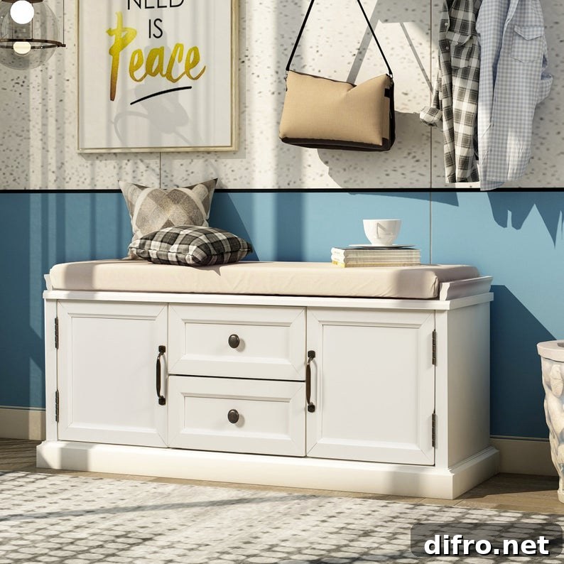 White bench with cushion and coffee on top of a book