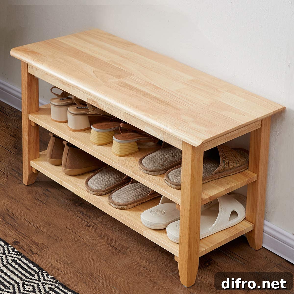 Wooden storage bench with shoes