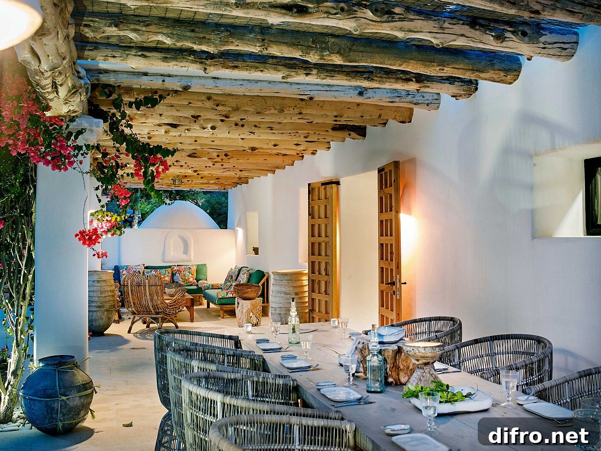 Exquisite modern Mediterranean style patio with exposed ceiling beams and a dash of bright color