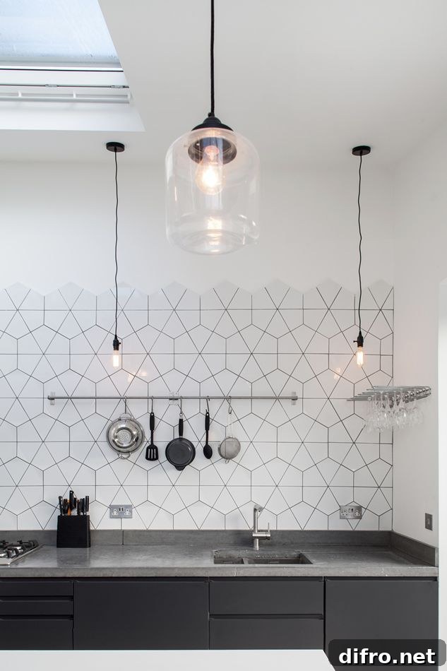 White geometric kitchen backsplash tiles