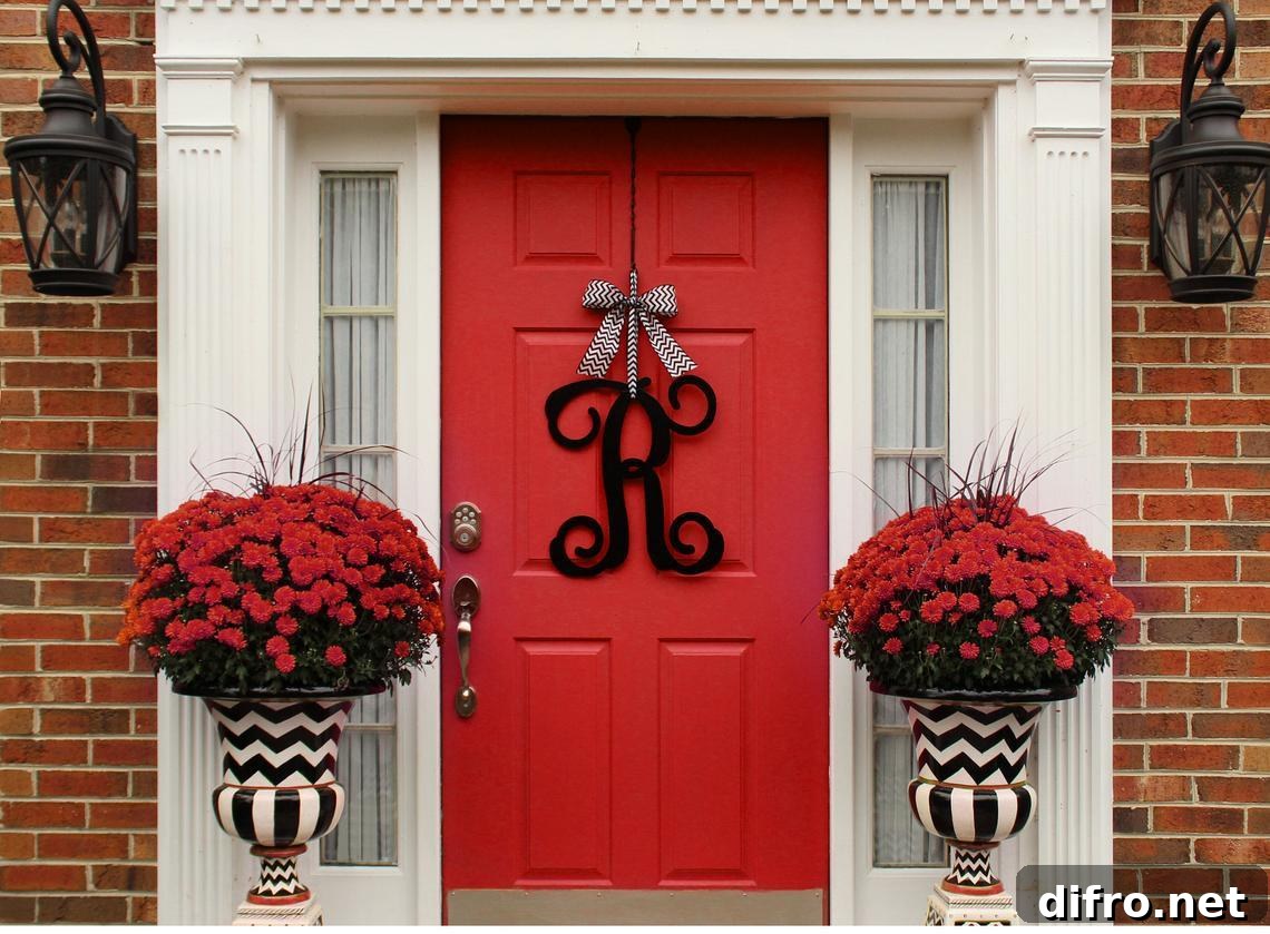 Red door with red flowers on the sides