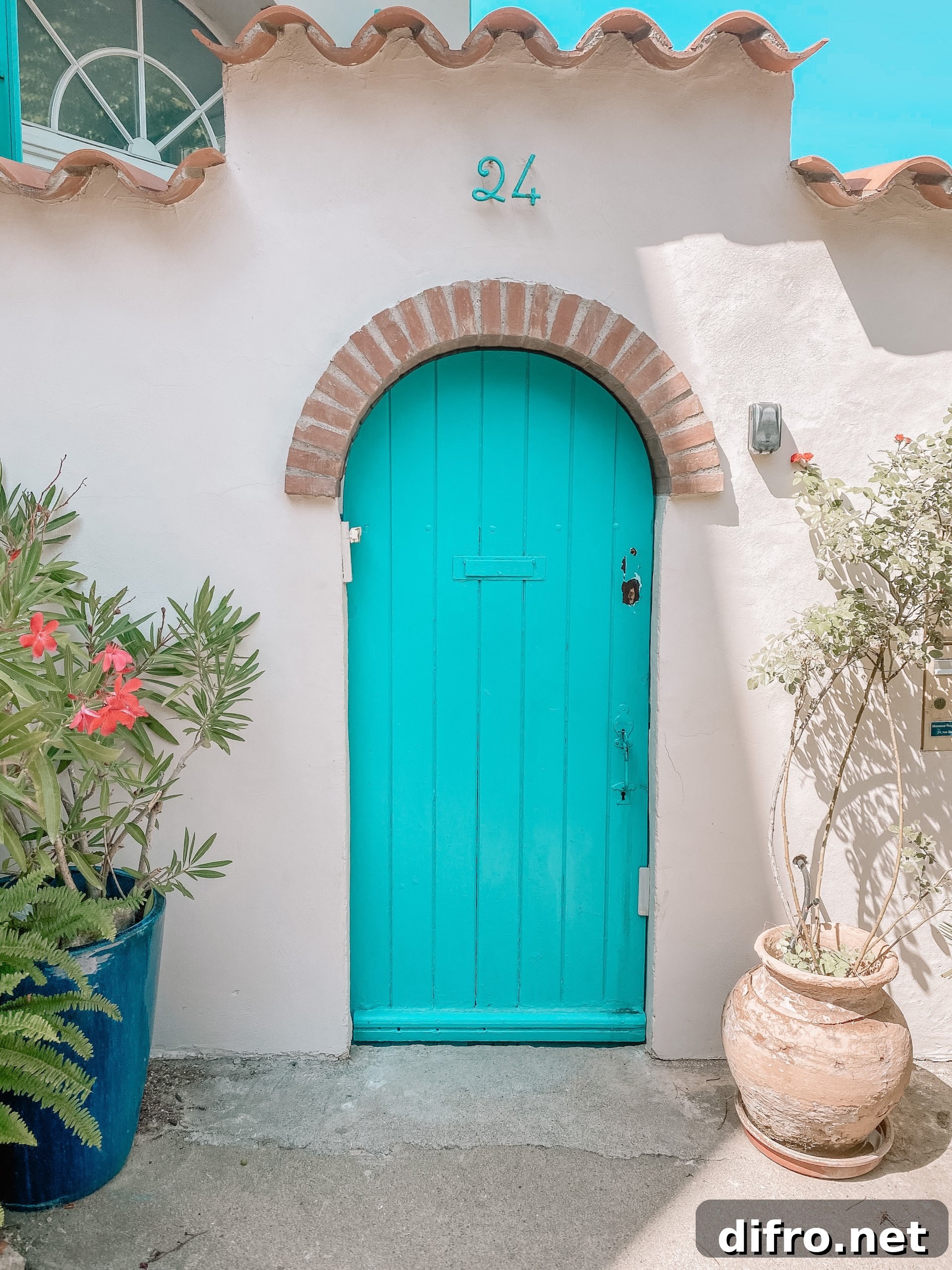 Arched blue door with number 24