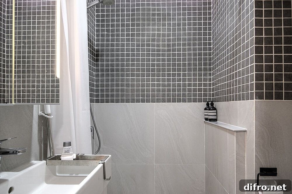Modern bathroom in black, white and gray