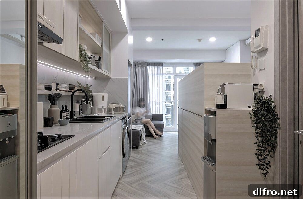 Custom wooden platform with queen-size bed above