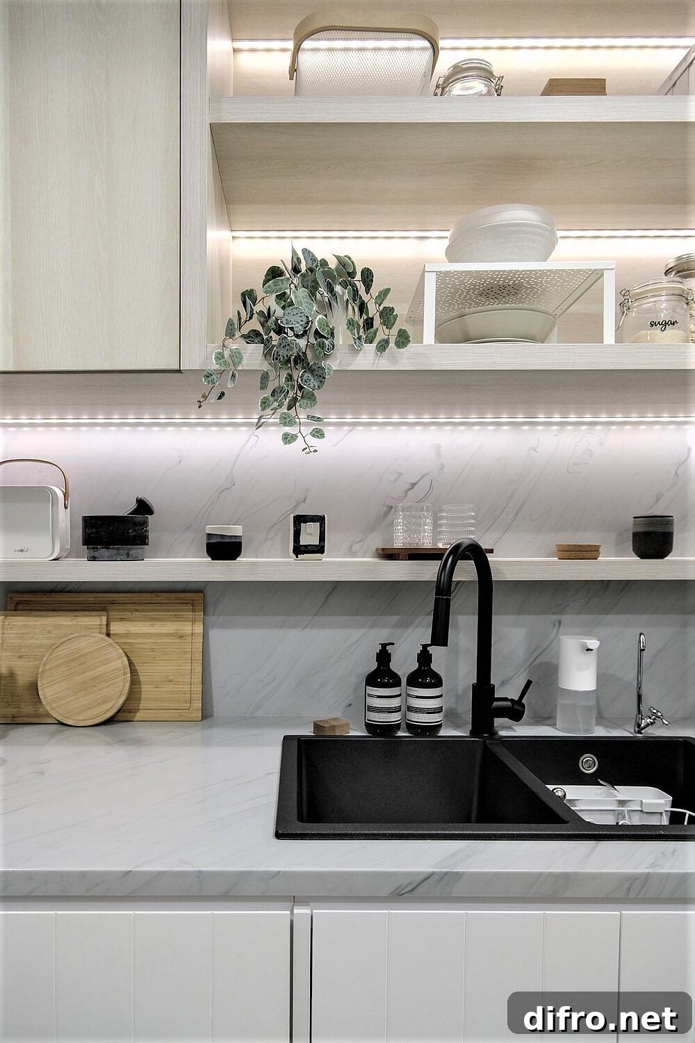 LED strip lights under the shelf add brightness