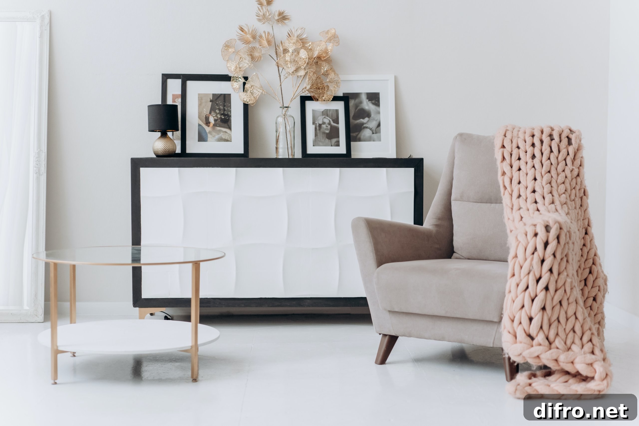 Braided blanket on brown chair and glass round table on the side