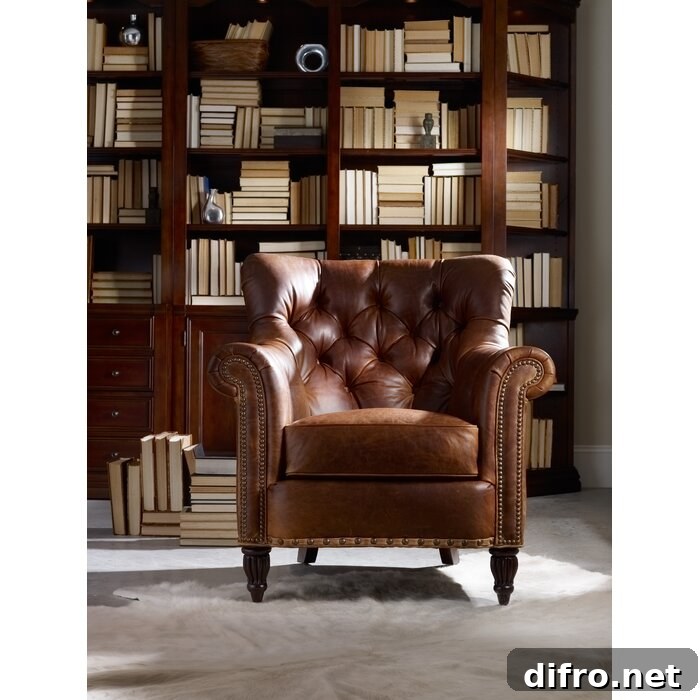 Brown armchair in front of shelves of books