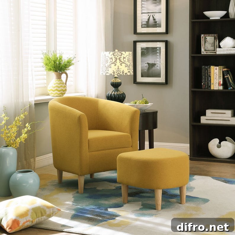 Yellow chair with yellow leg rest in stylish living room