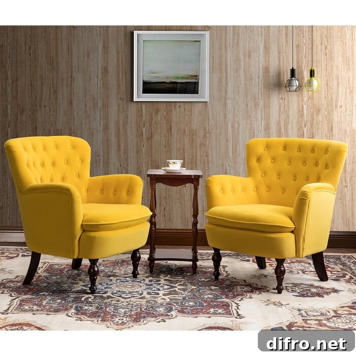 Two huge yellow chair with small coffee table in the middle