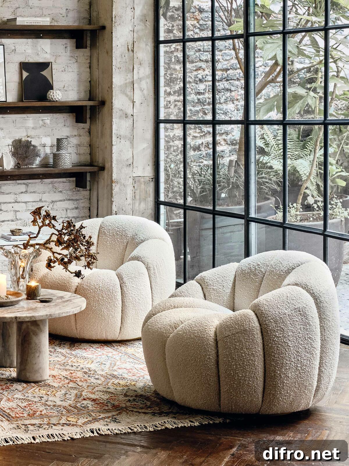 Fuzzy white round chair in beside window panels