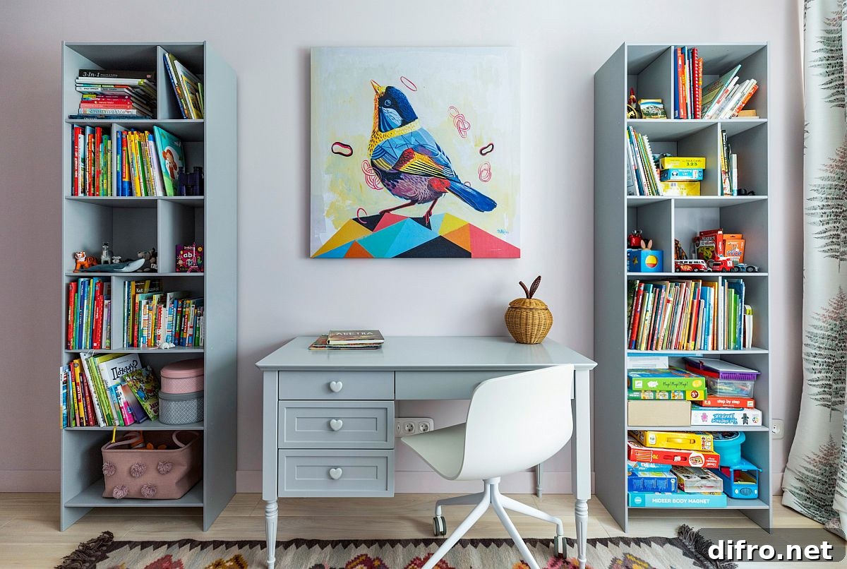 Pastel blue kids’ study space with open shelves