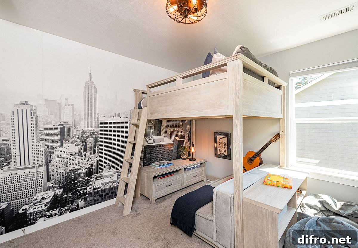 Modern industrial boys’ bedroom with loft bed and study space underneath