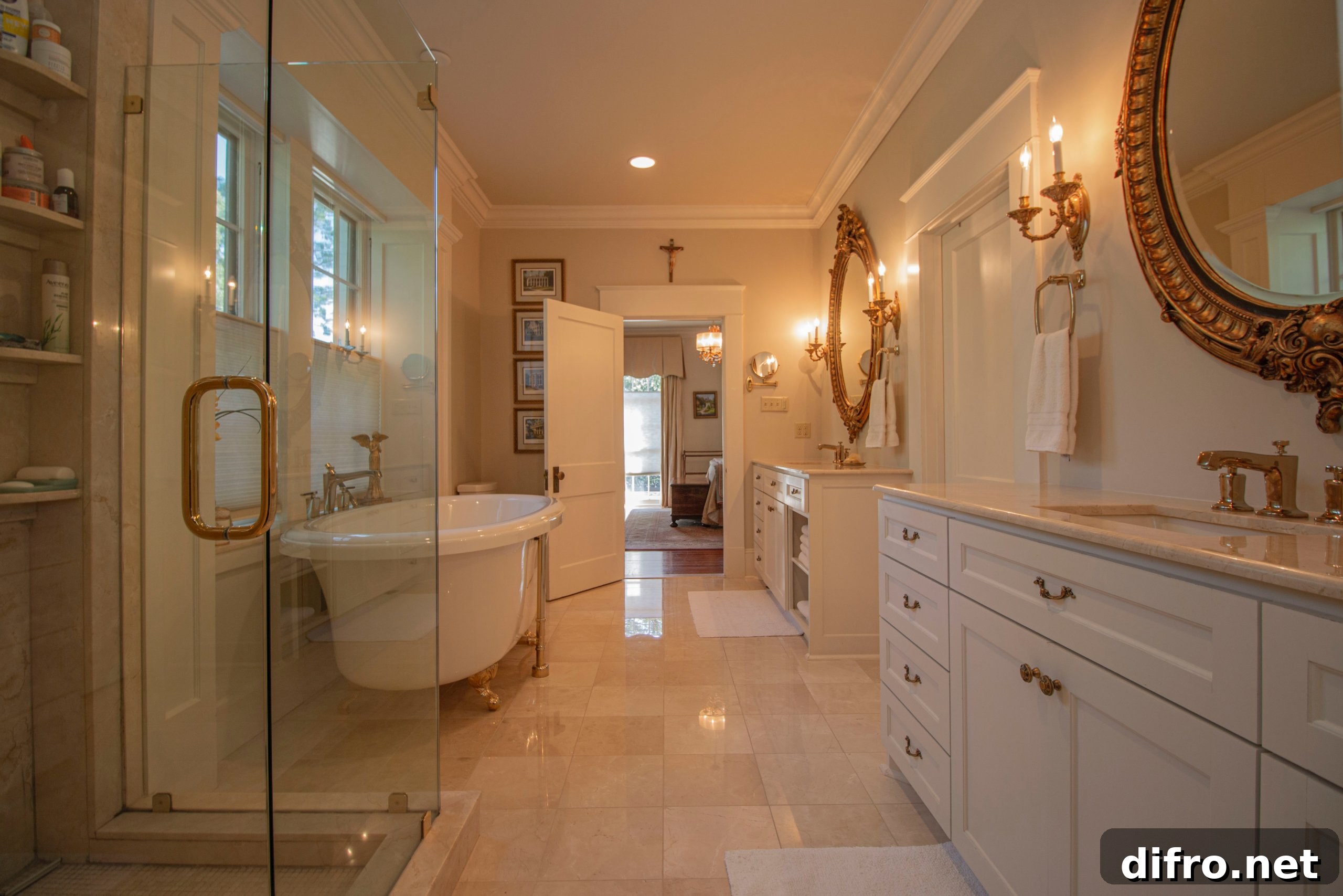 White bathroom with two big gold mirrors