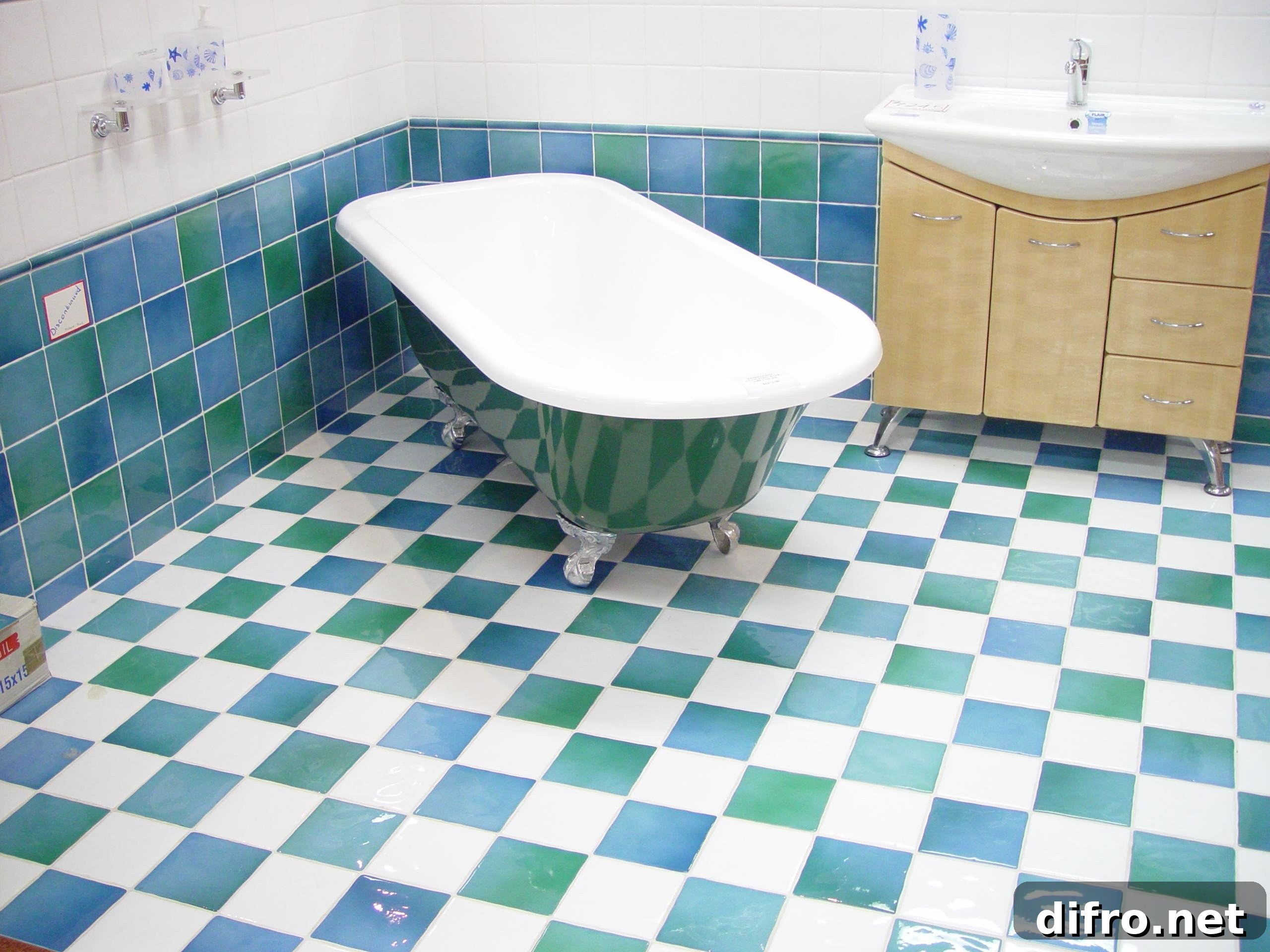 White and green tub on small blue, green and white square tiles