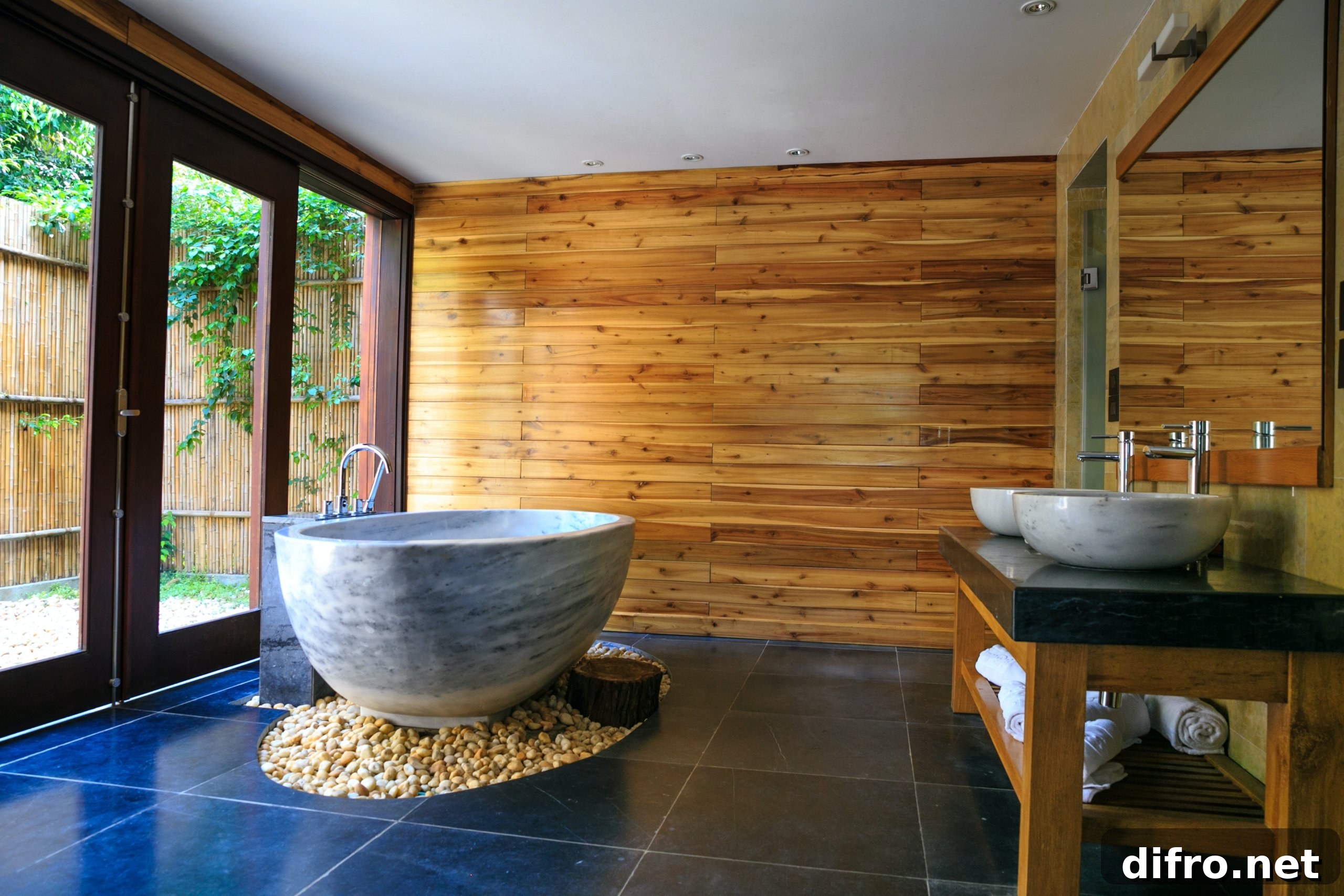 Grey tub on stones with glass doors and wooden walls