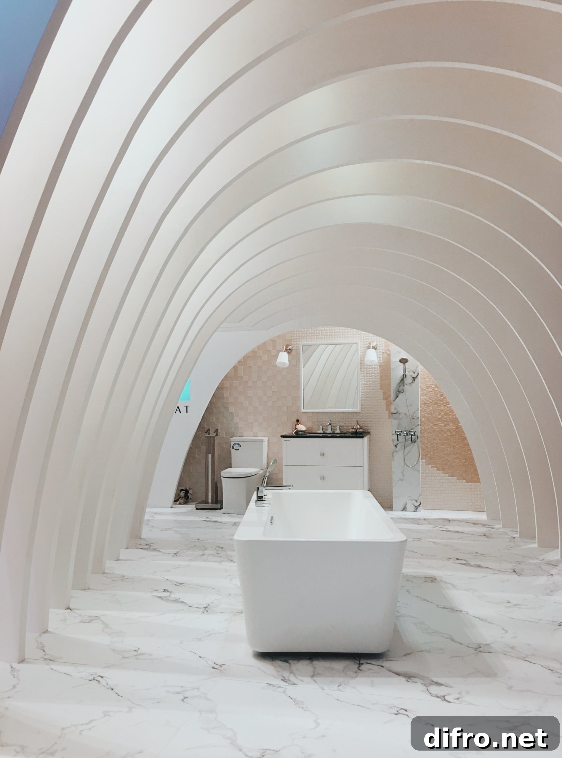 White bathroom with marble floor and white arcs