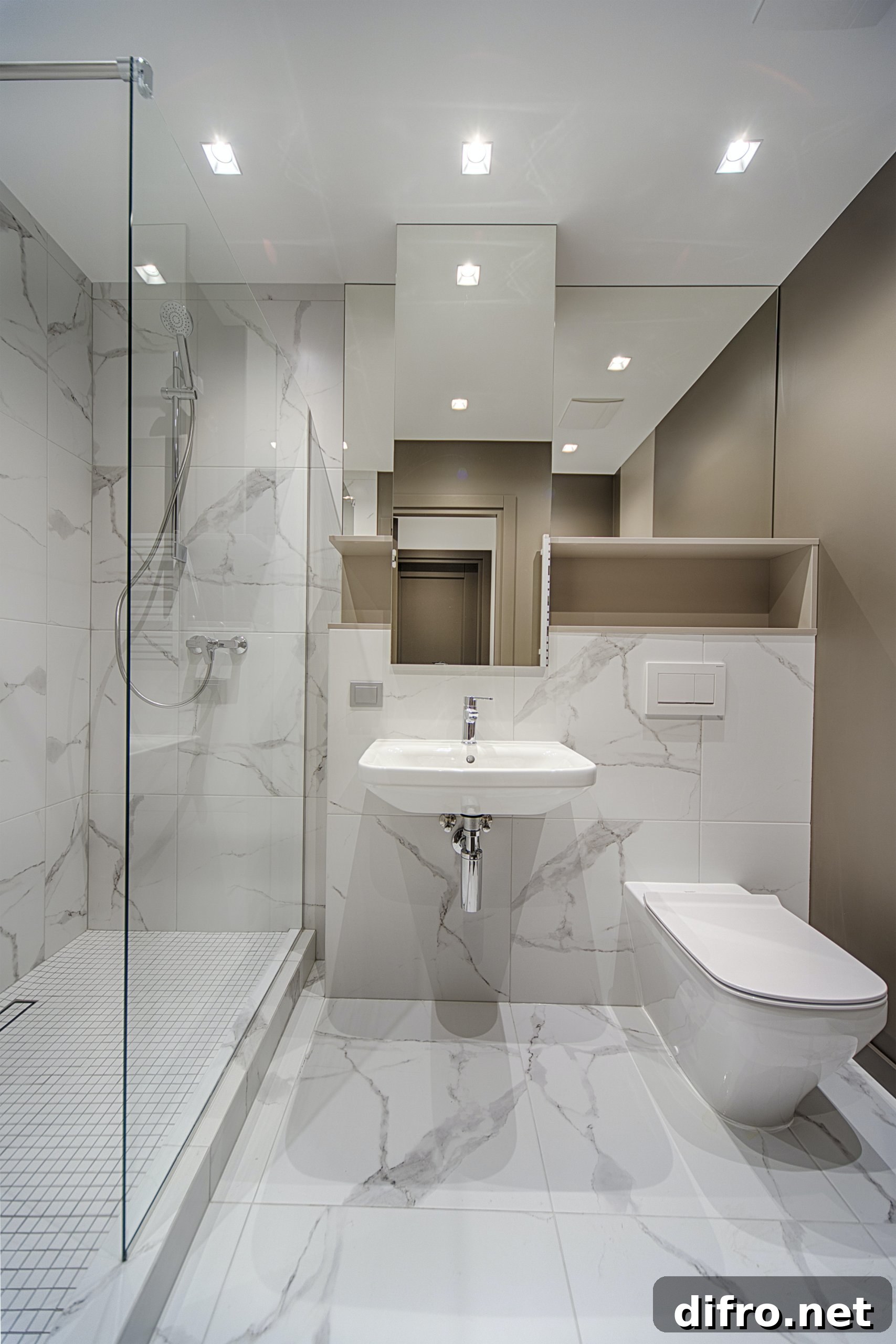 White bathroom with marble floor and walls