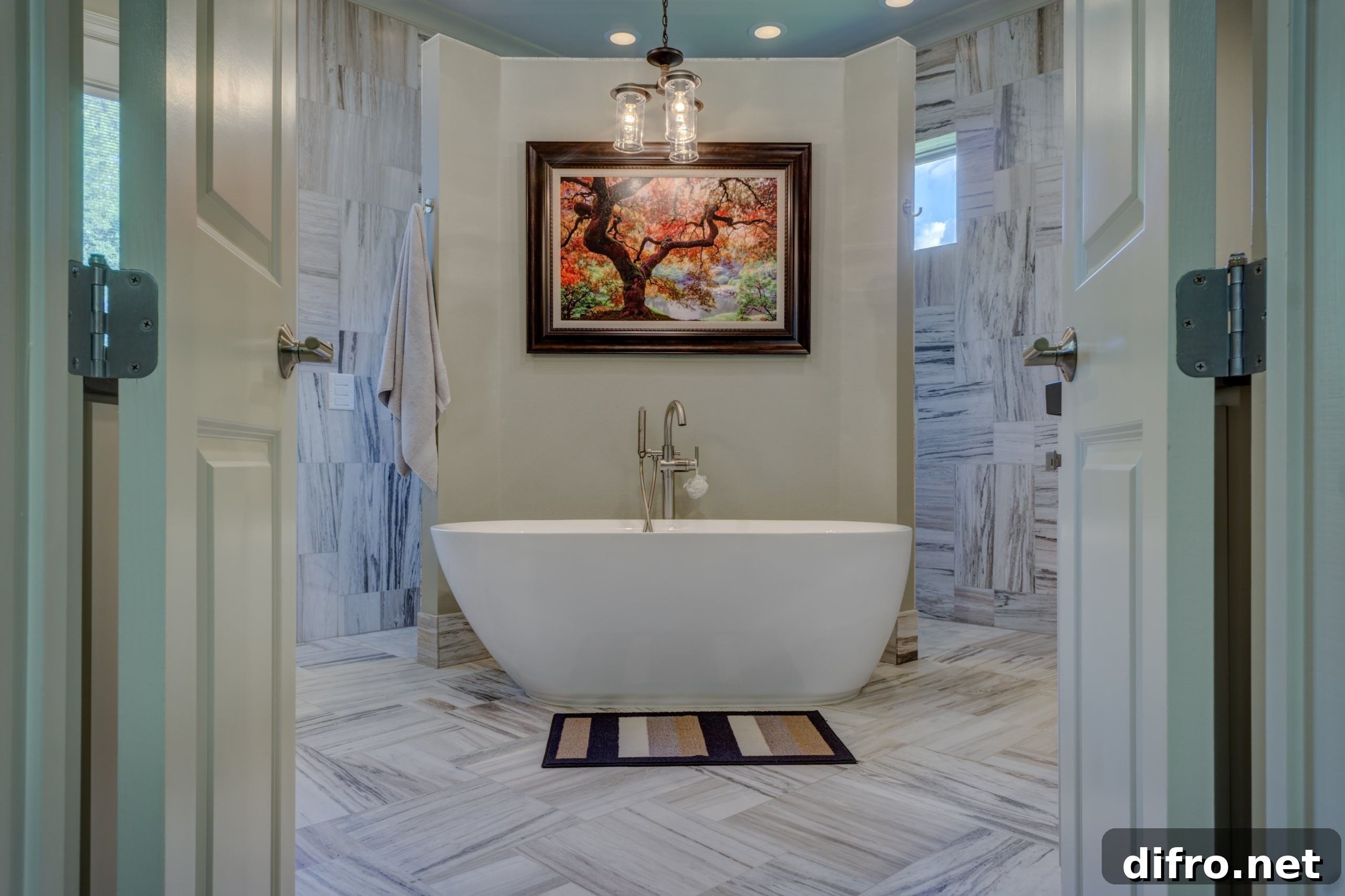Colorful tree painting on top of white bath tub
