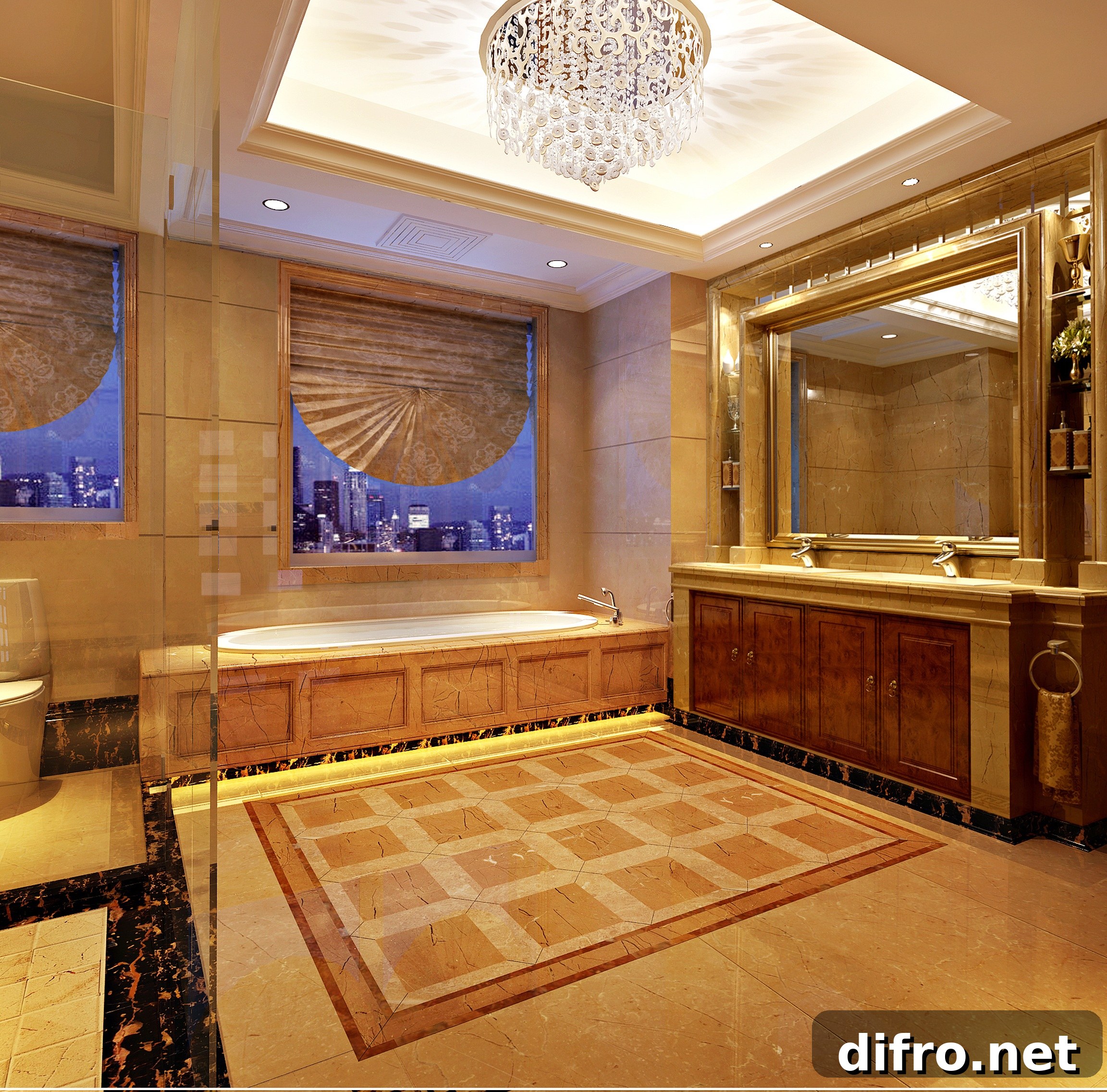 Luxurious bathroom with chandelier and big mirror