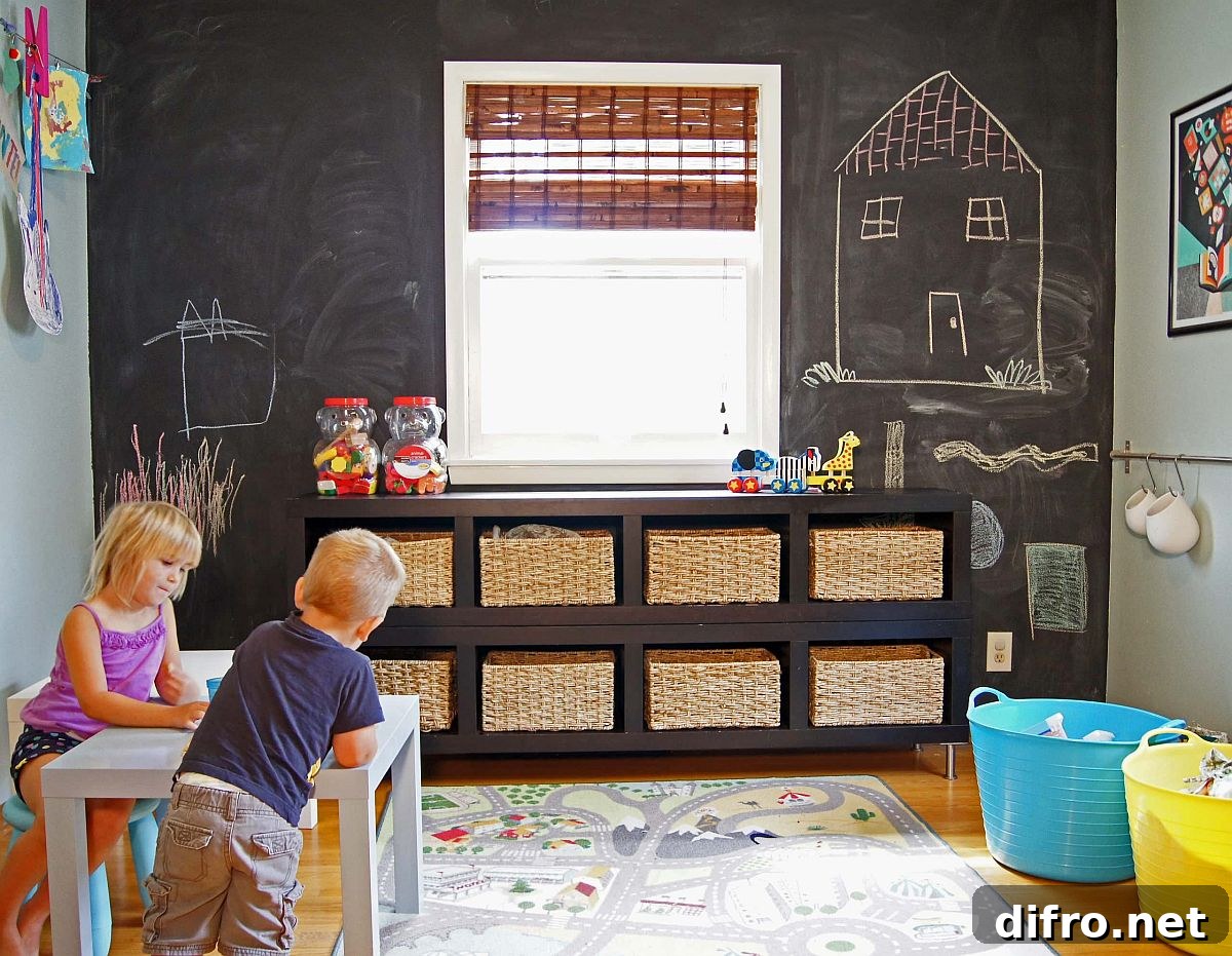 Fun playroom with small storage baskets and chalkboard wall