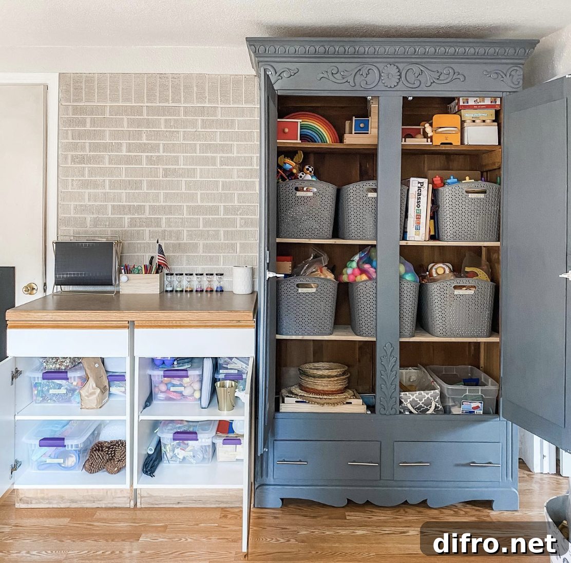Tall cabinet with baskets for hidden toy storage
