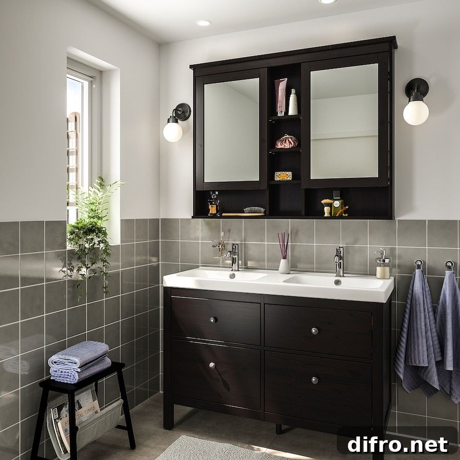 Dark accessories in bathroom