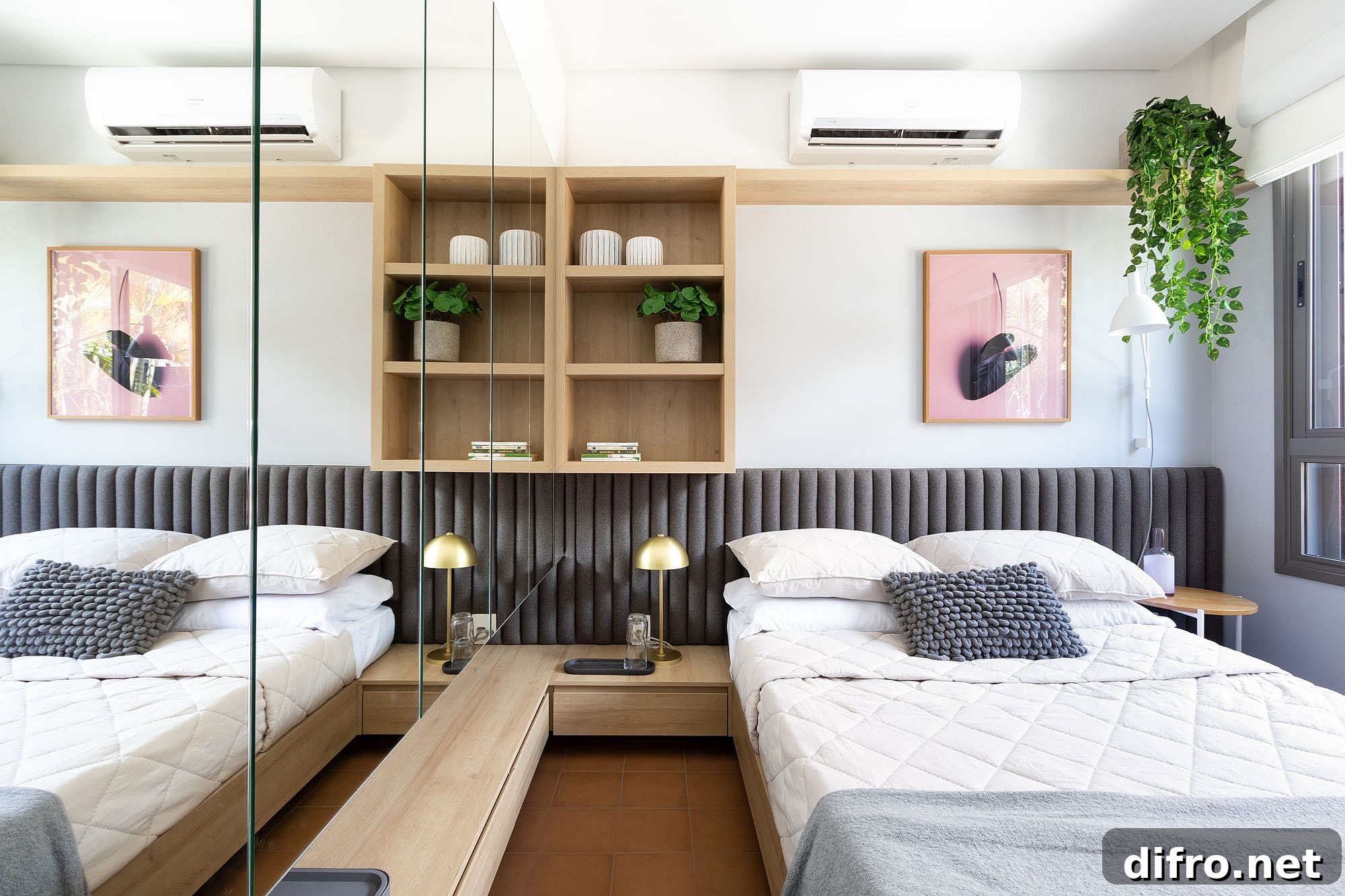 Custom gray tufted headboard for the bedroom with twin beds in neutral hues