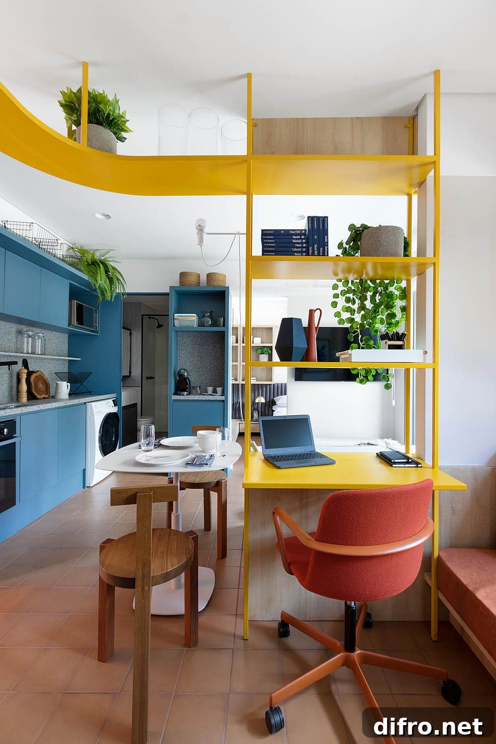 Space-savvy home workspace in solar yellow with metallic glitz