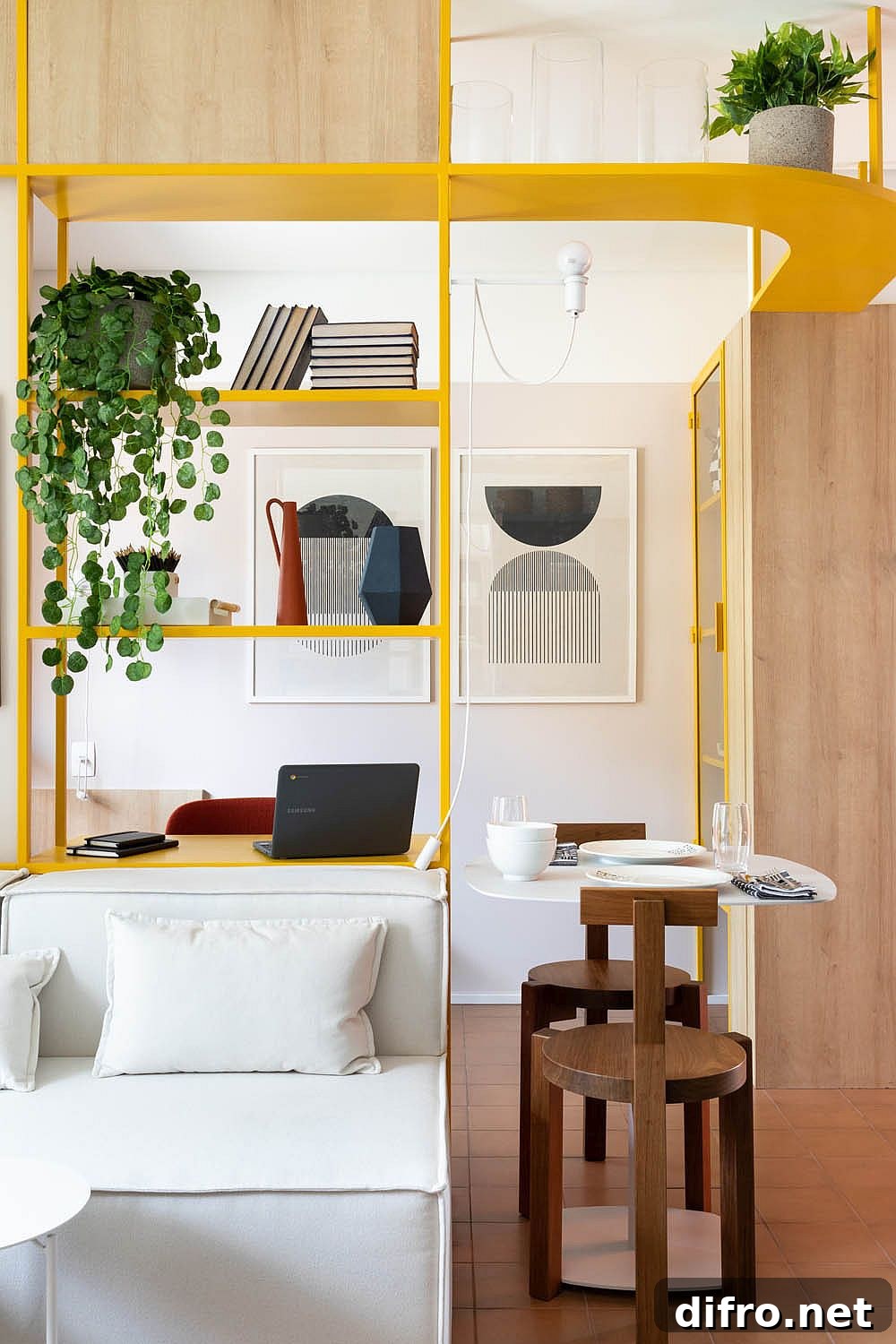 Tiny breakfast zone next to the home workstation in yellow