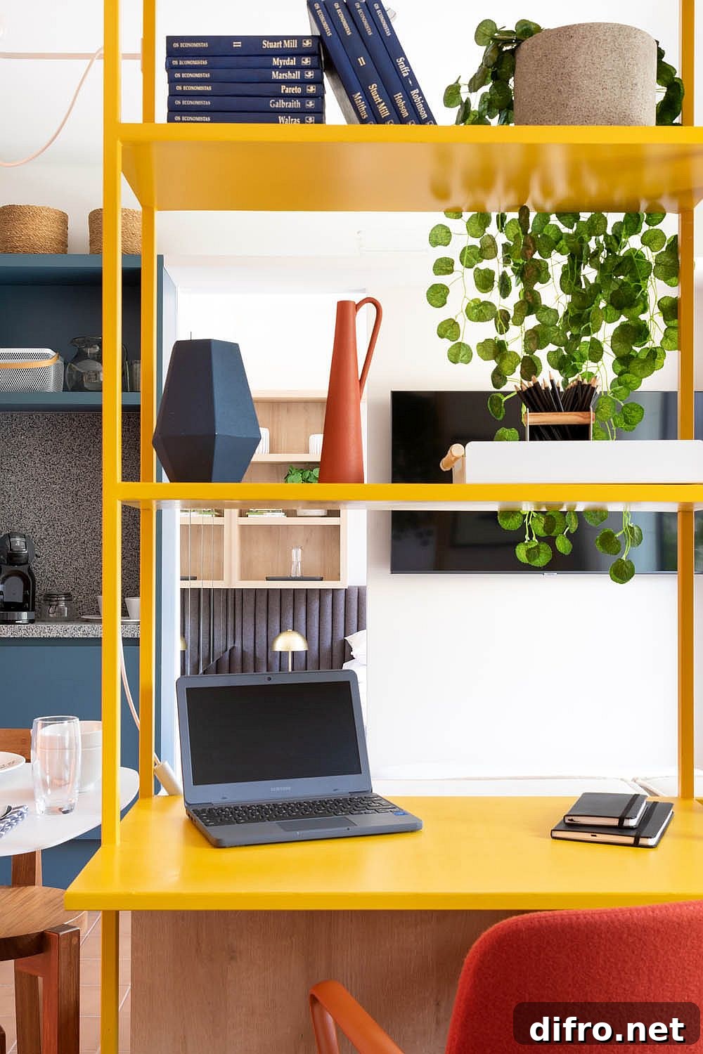 Bespoke home workstation in yellow adds color and textural contrast to the interior