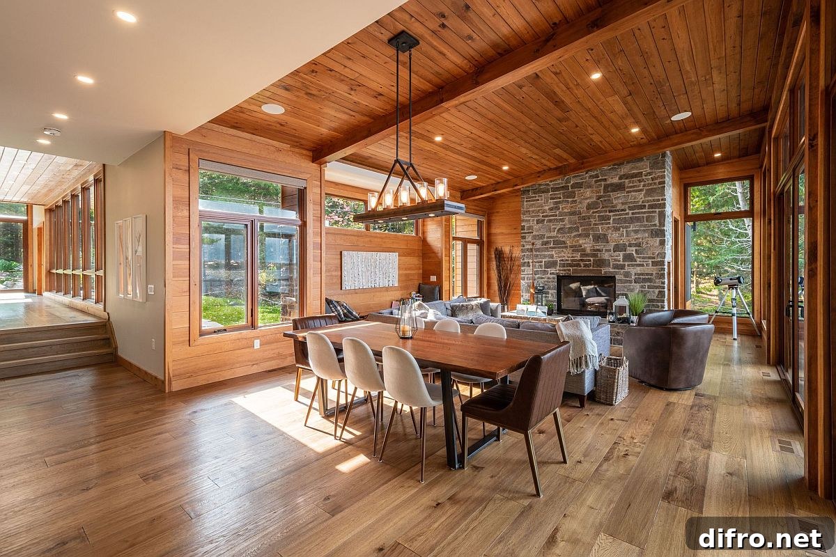 Wood and stone living and dining area