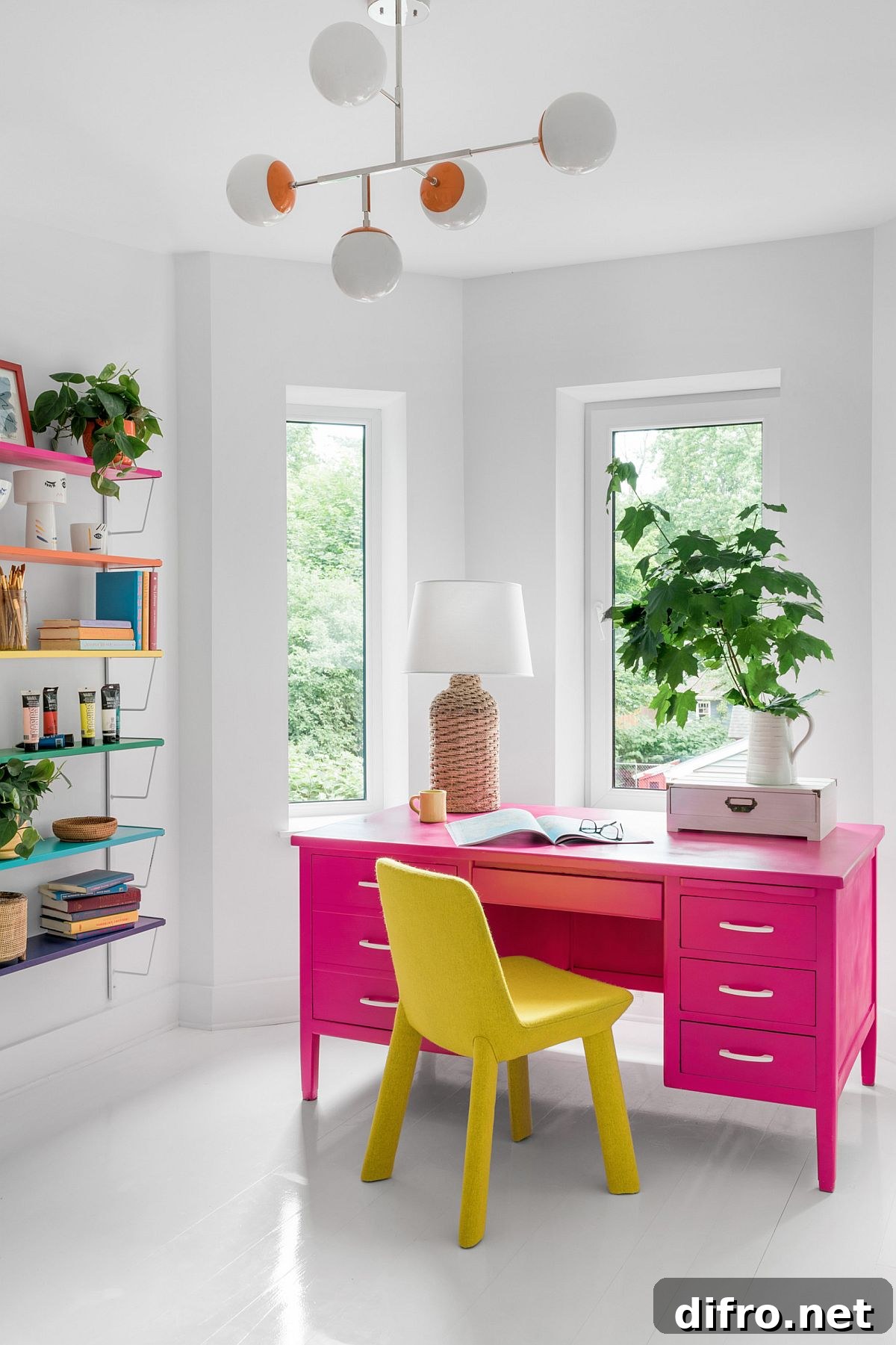 Contemporary home office with bright desk and indoor plants