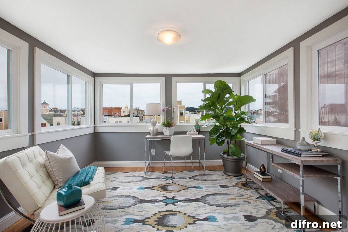 Light-filled transitional home office with indoor plant