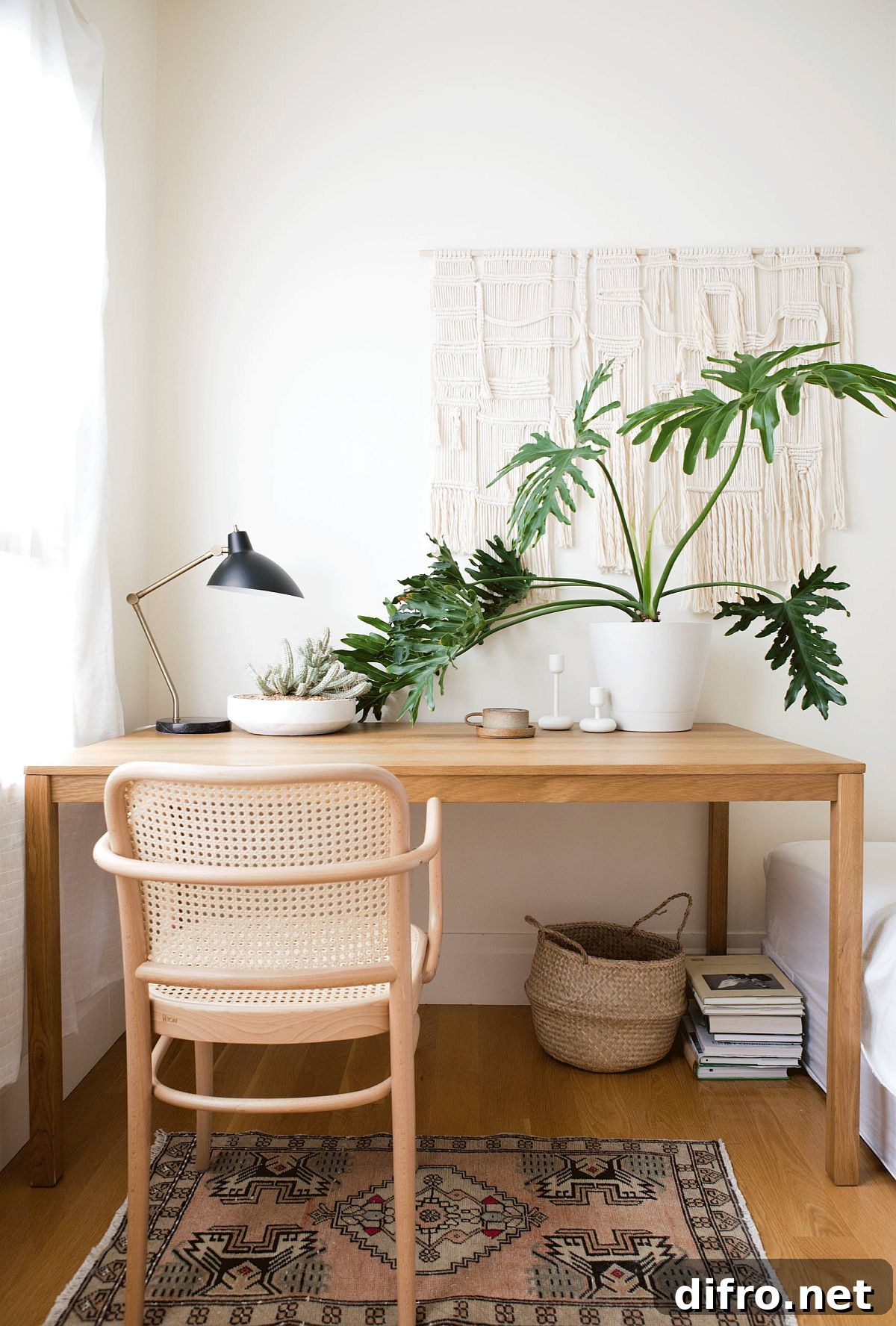 Scandinavian style home office with indoor plants