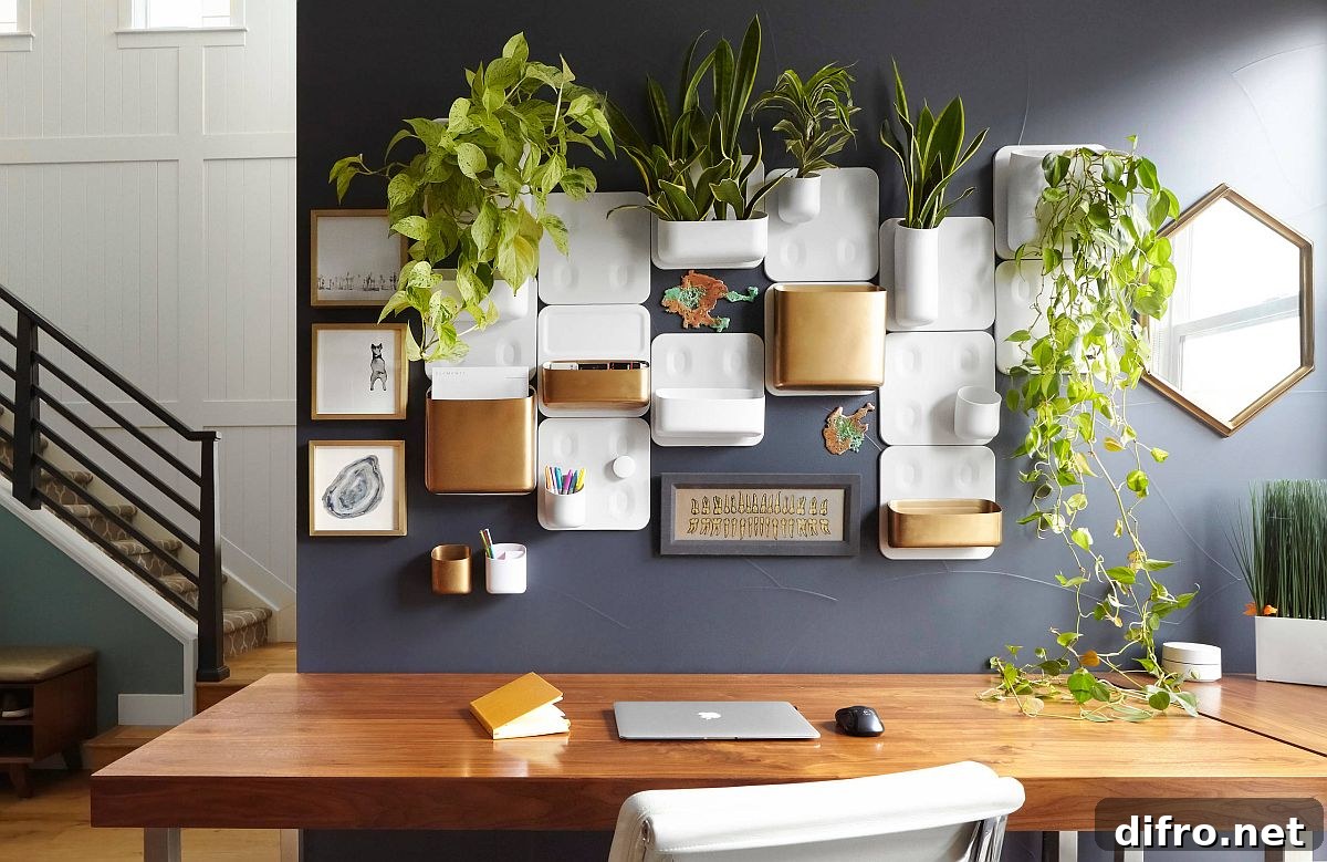 Mid-century home office with wall-mounted plants