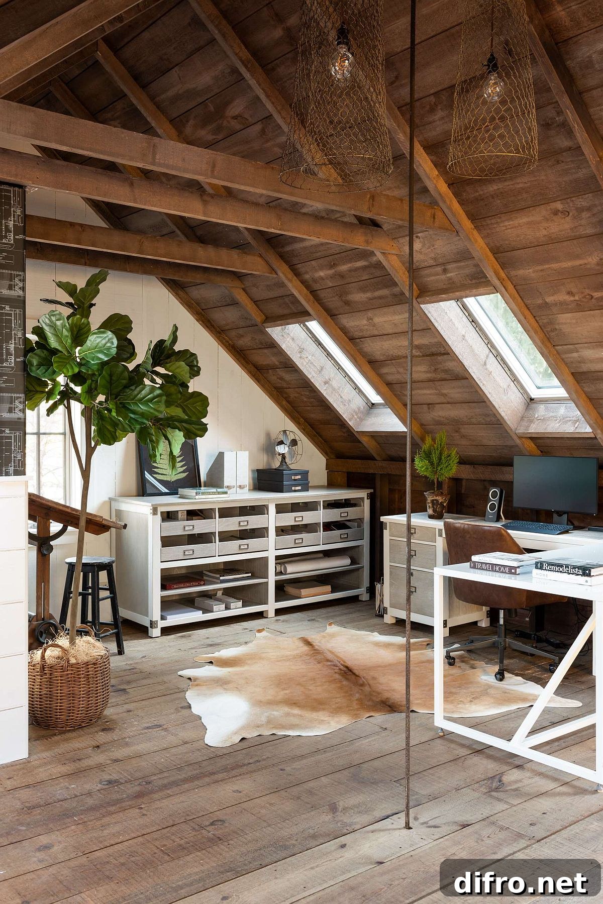 Farmhouse attic home office with large plant