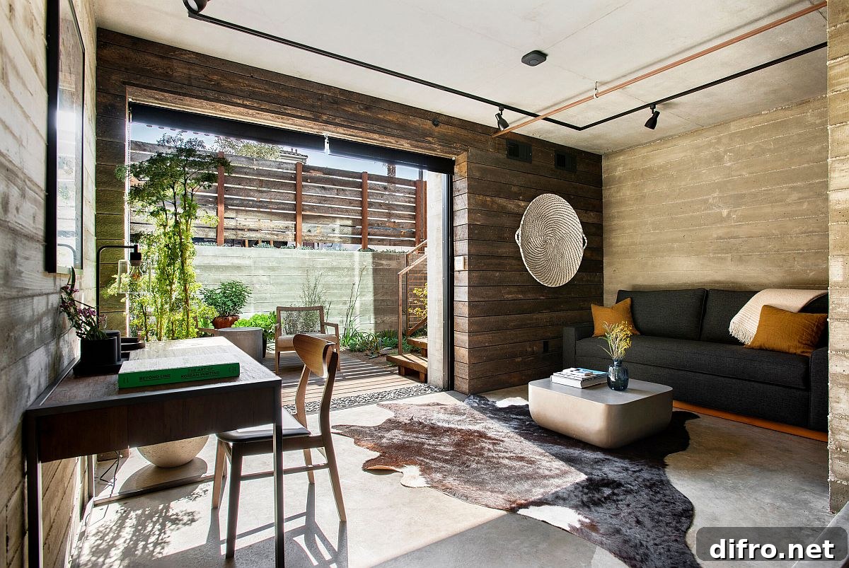Industrial home office with outside greenery