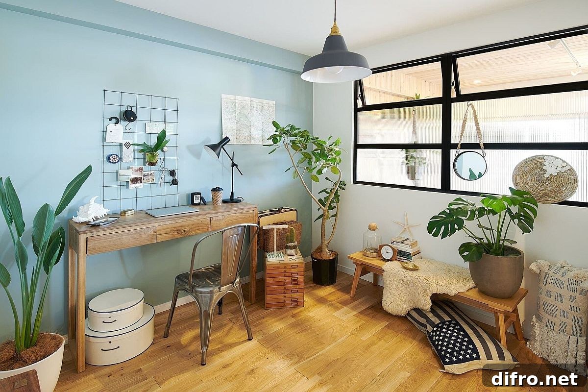 Coastal home office with indoor plants
