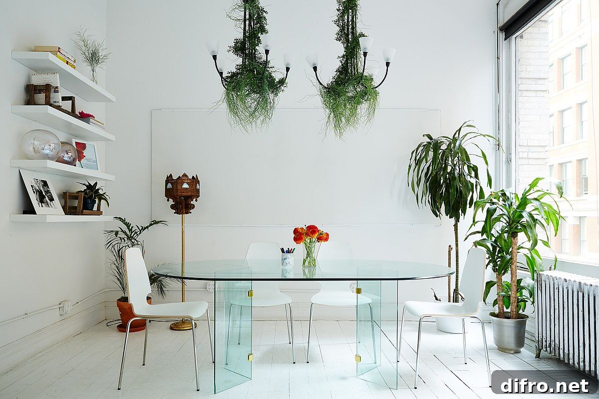 Dining room with greenery accenting pops of color