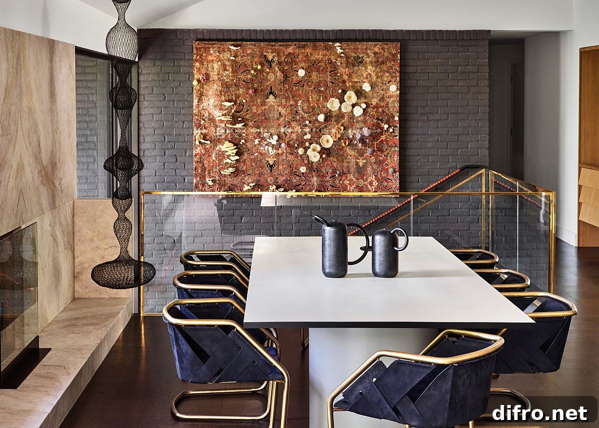 Gray painted brick wall in dining space