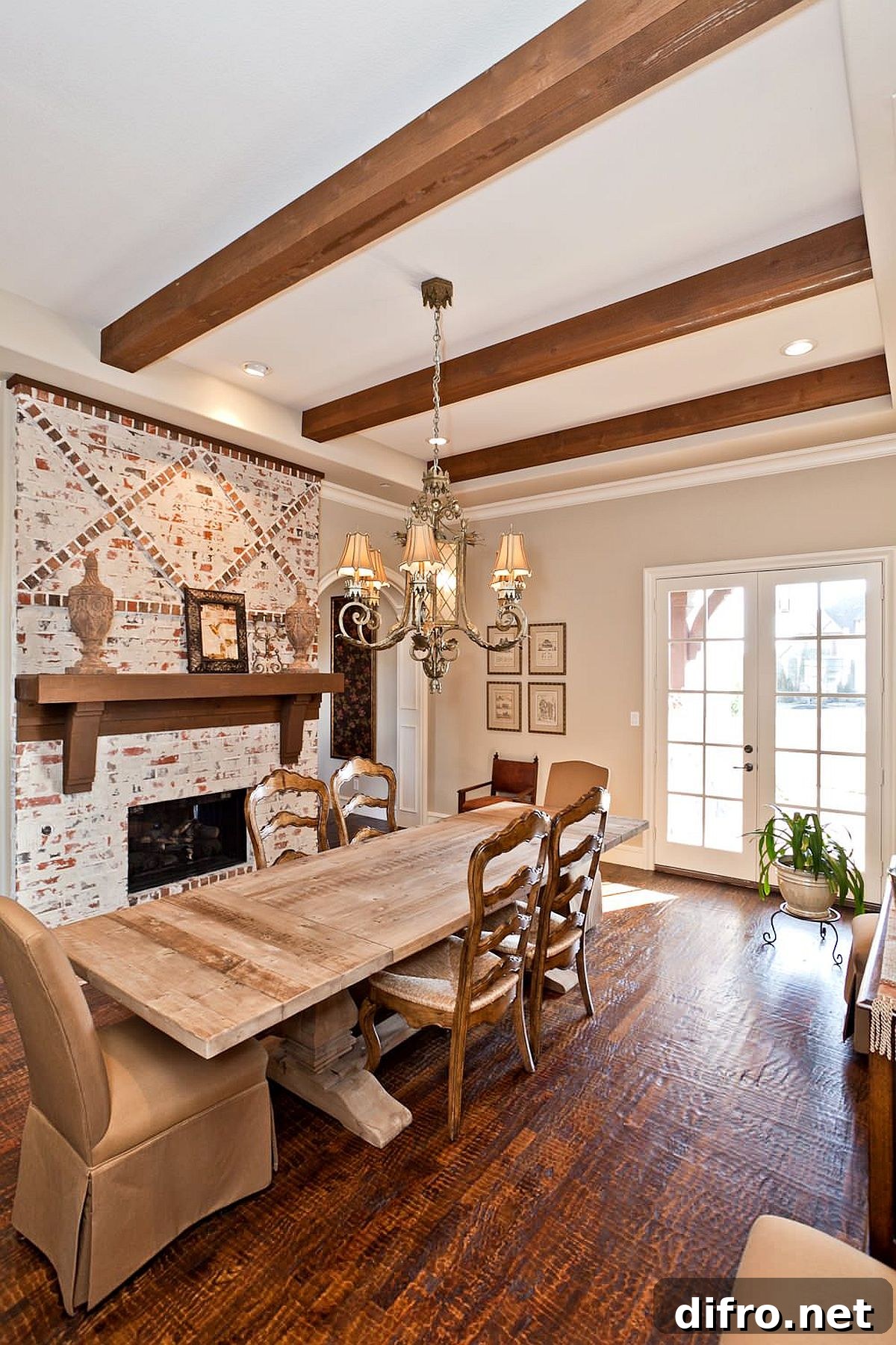 Weathered brick wall in dining room
