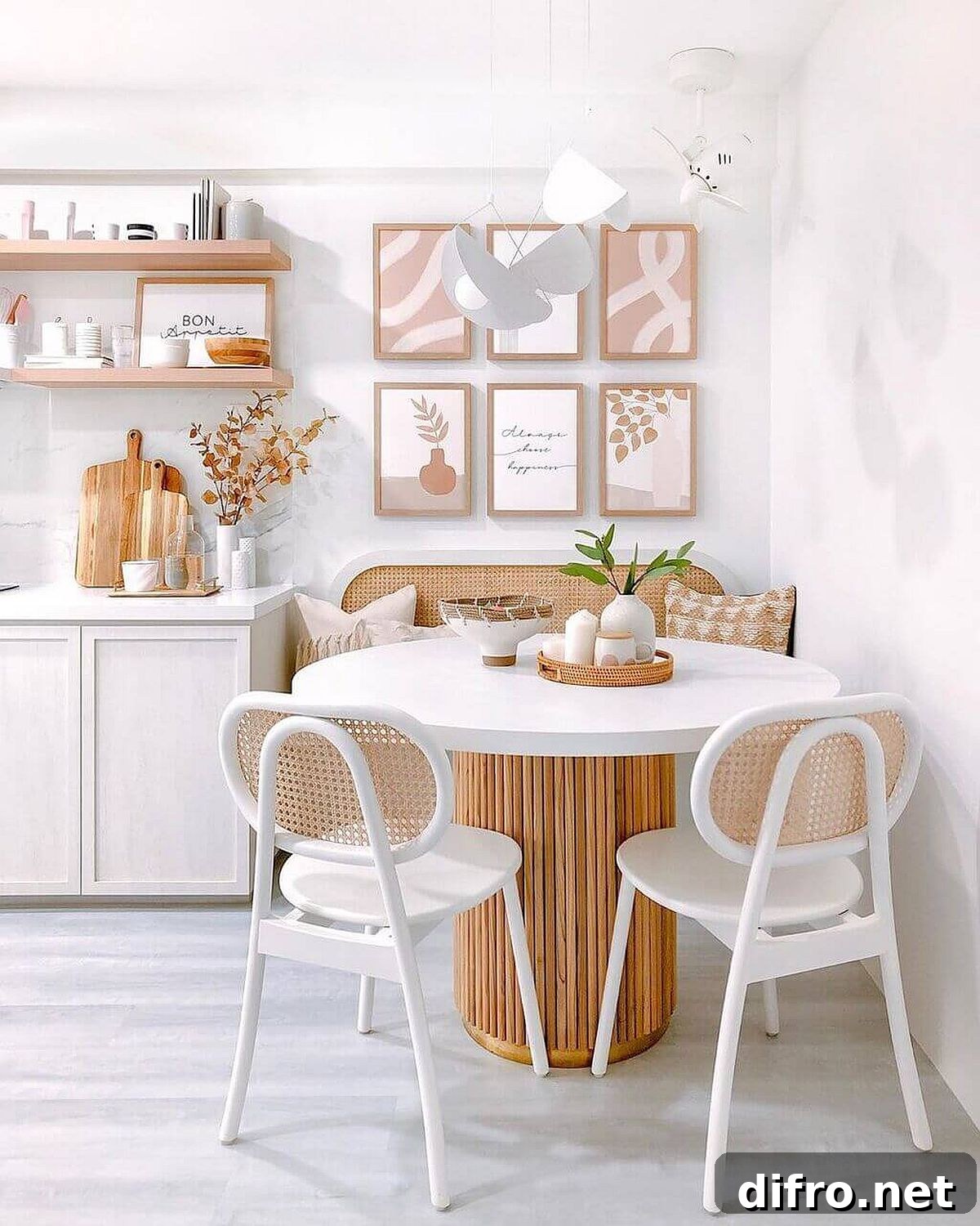 White and wood dining room with round table and pastels