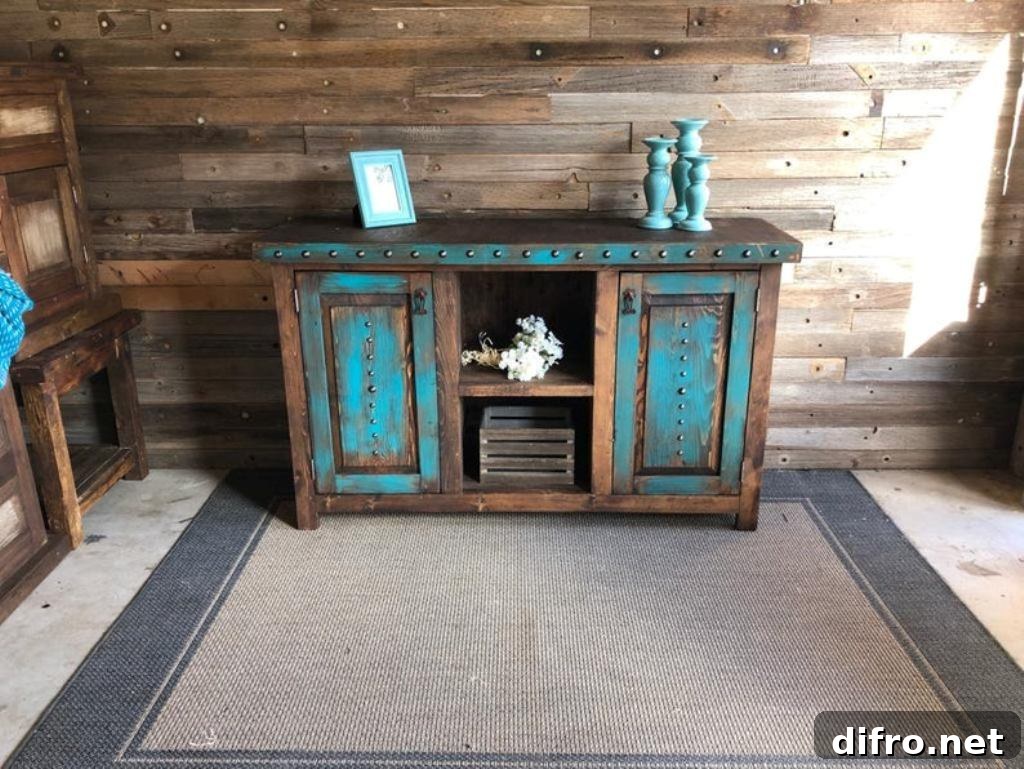 Wood cabinet with patches of blue paint