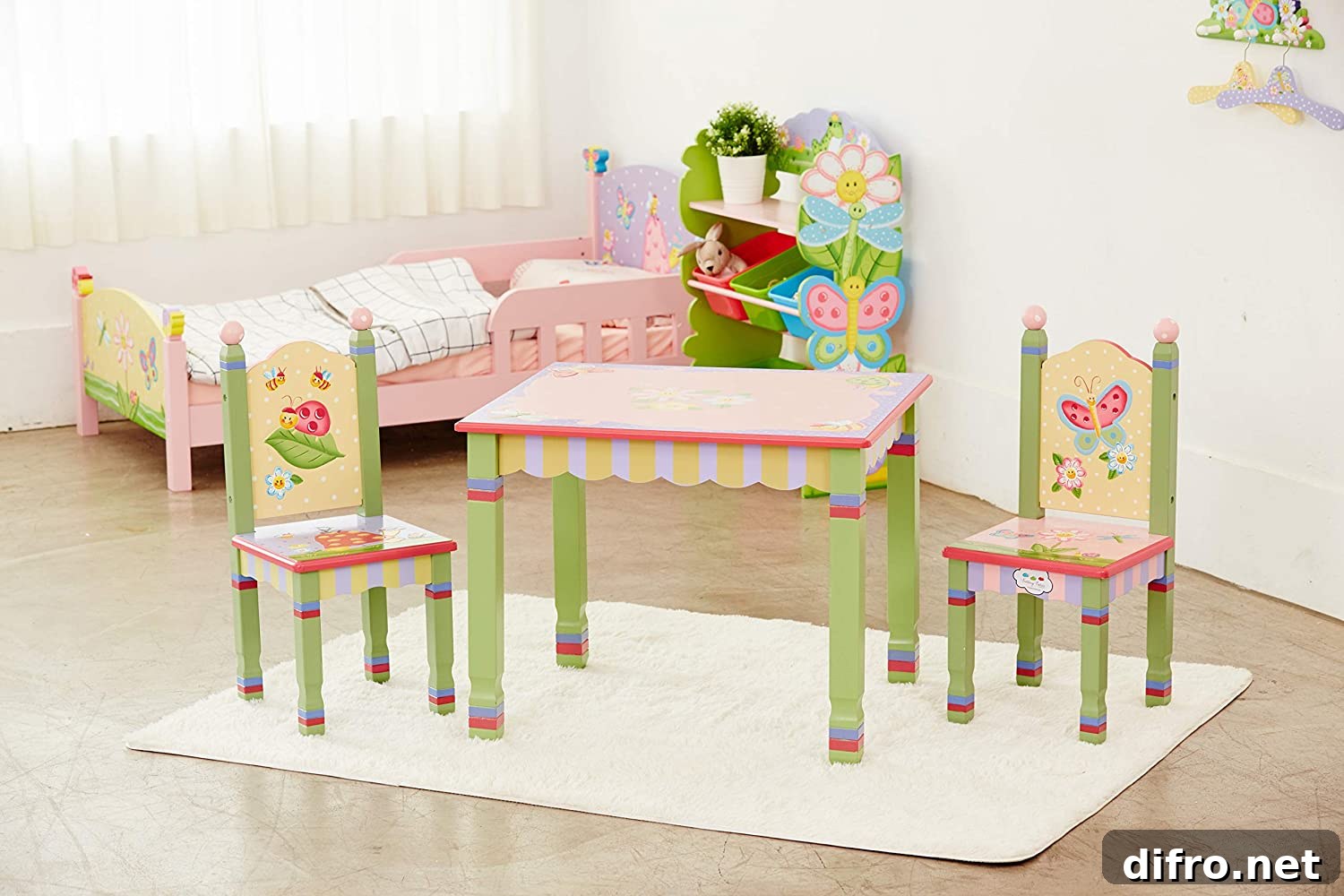 Bed, table and chair for kids in pastel colors